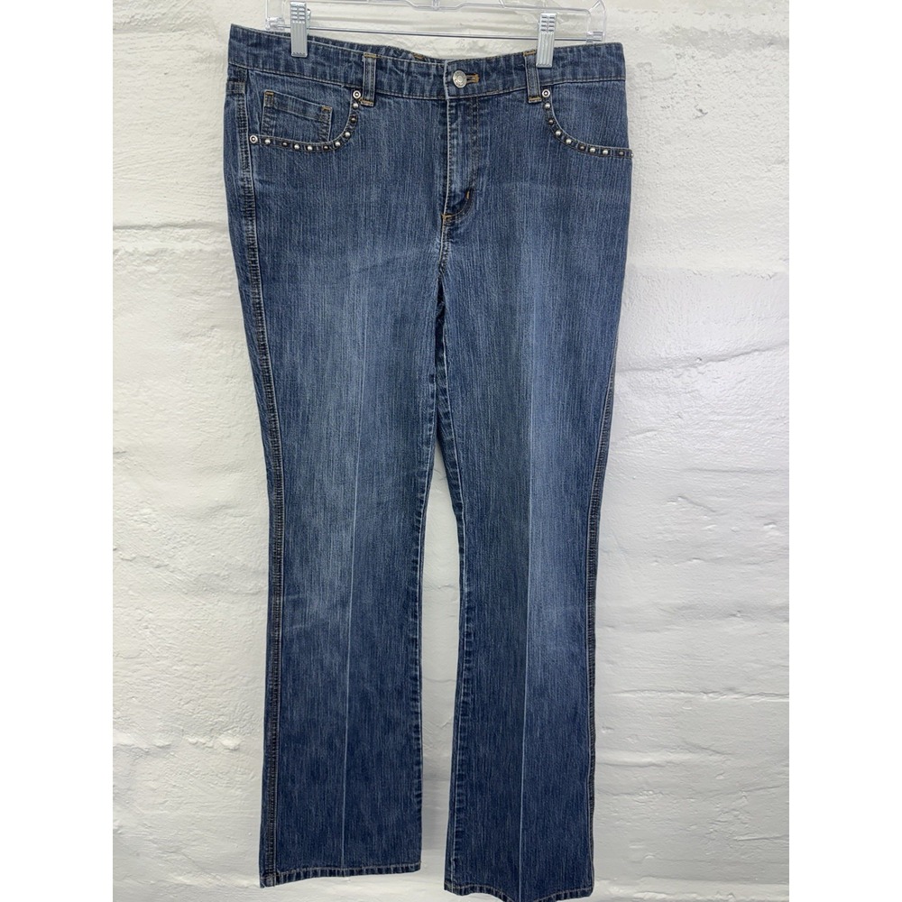 Chico's Platinum Blue Jeans Womens 1.5 T Barely Flare Leg Embellished Pocket - Picture 3 of 8